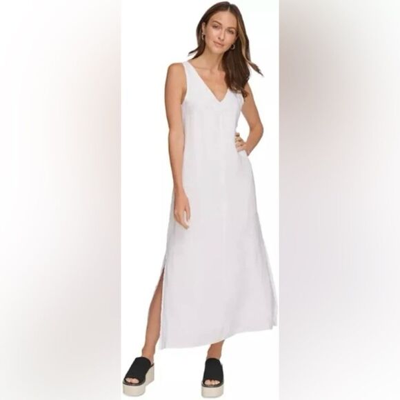 NWT DKNY linen maxi dress, white with slit and v neck, tank top XXL - Picture 3 of 7